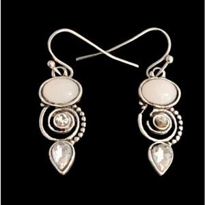 Vintage Style Faux Opal & Silver Dangle Drop Earrings - Boho Bohemian Chic NEW